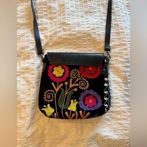 Artemis Embroidered Velvet & Leather Crossbody Bag – Floral Boho Statement